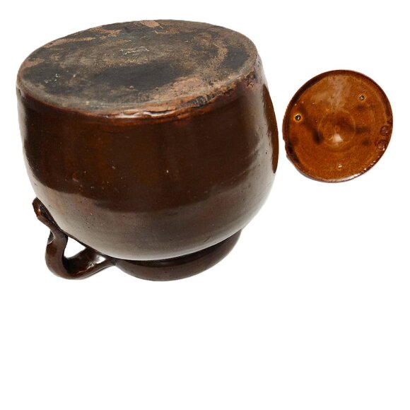 Brown Glaze Stoneware Crock Bean Pot Single Handle with Lid Antique RARE - Picture 7 of 8